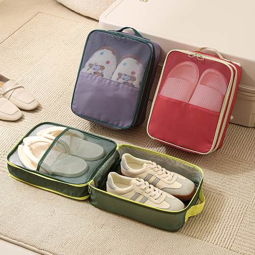 Custom two-tier travel shoe case in olive green, red and grey-purple with both tiers open, Malaysia