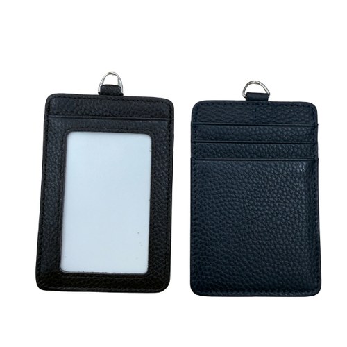 Custom vertical staff pass holder in black PU leather, clear window front and card slot back, Malaysia